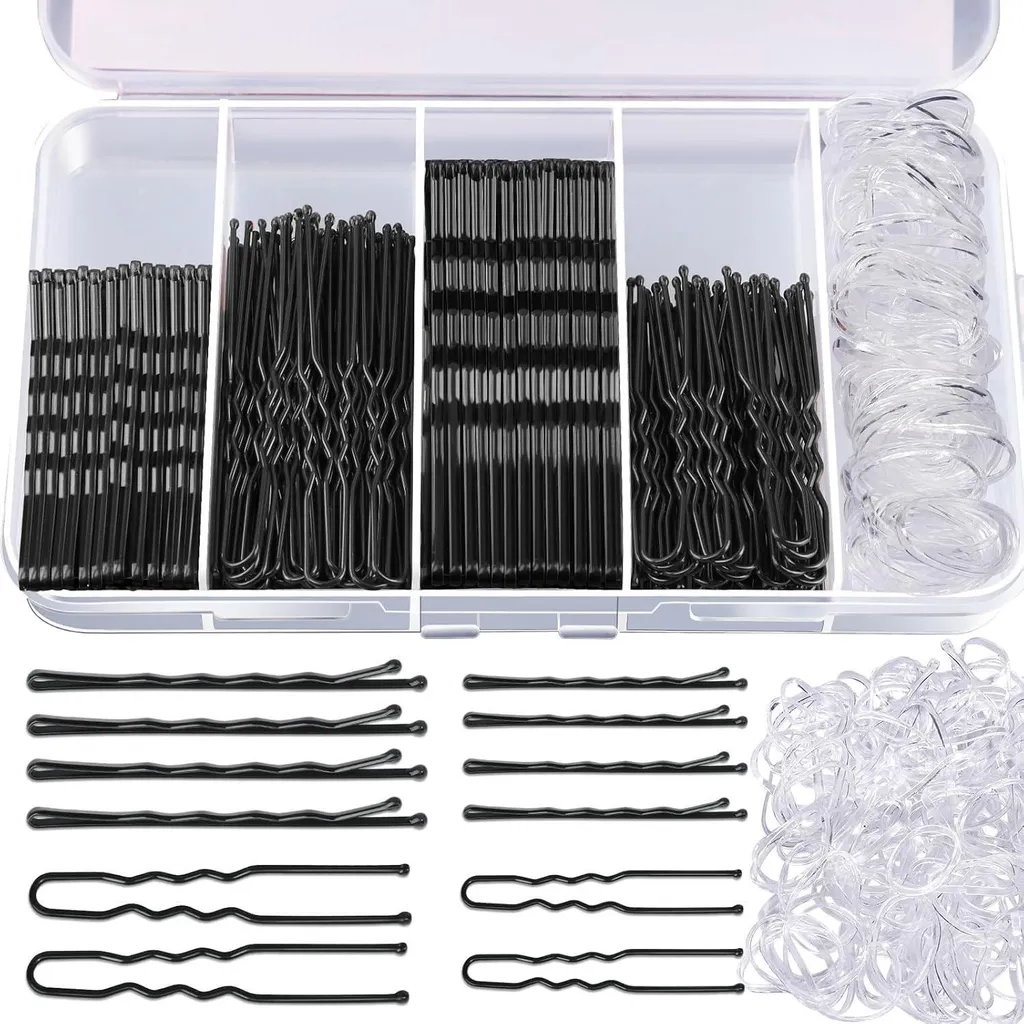 Set de 300 pinces à cheveux noires avec élastiques et épingles en kit