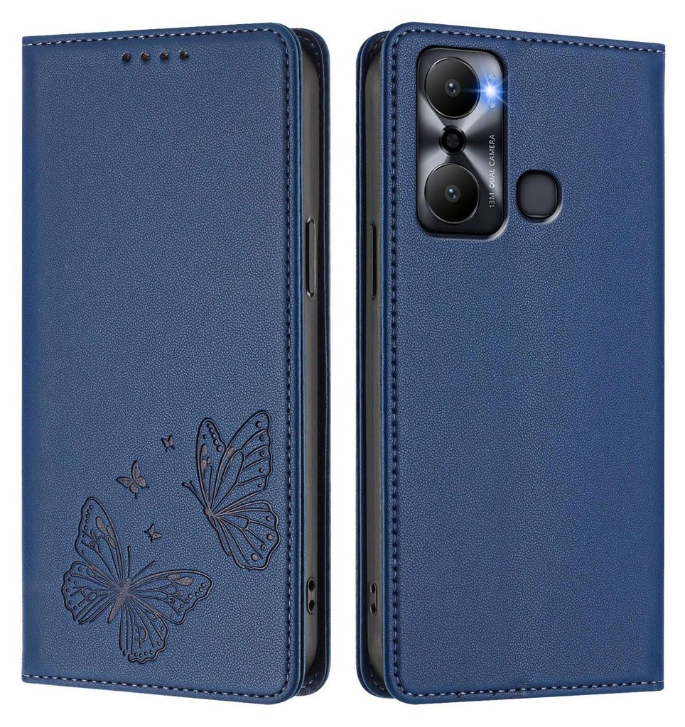 Lederhülle für Infinix Hot 20 Play, Schmetterling Prägung Leder Brieftasche Schutzhülle mit Ständer Dunkelblau