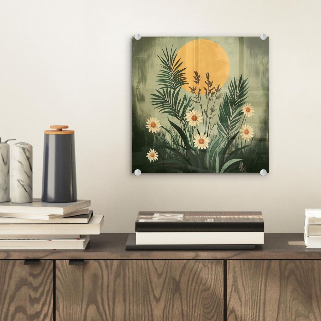 MuchoWow Glasbilder - Bilder auf Wandbild - Foto auf Glas Blumen - Blätter - Sonne - Grün 40x40 cm Wanddekoration aus Glas - Acrylglasbild - Acry...