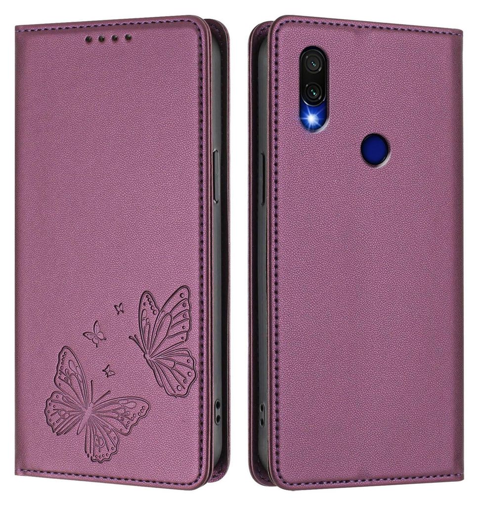 Lederhülle für Xiaomi Redmi 7, Schmetterling Prägung Leder Brieftasche Schutzhülle mit Ständer Lila