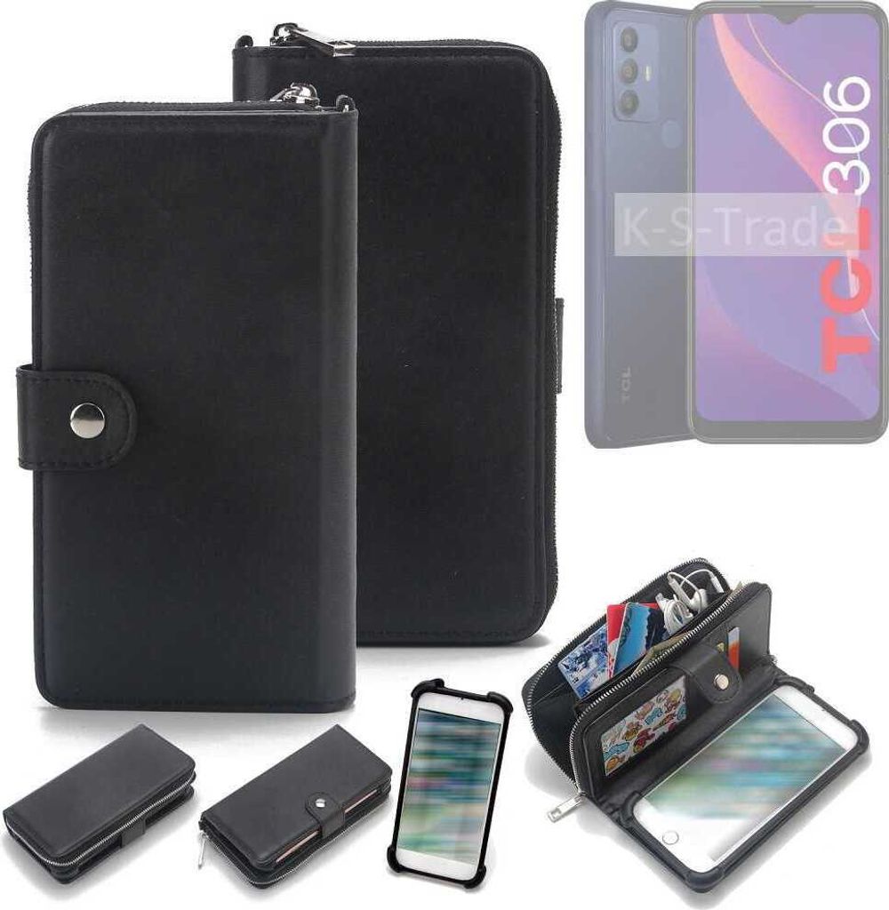 K-S-Trade 2in1 Handyhülle Schutzhülle kompatibel mit TCL 306 & Portemonnee Cover Handy Hülle Case Etui Geldbörse Wallet Bookstyle Hülle schwarz