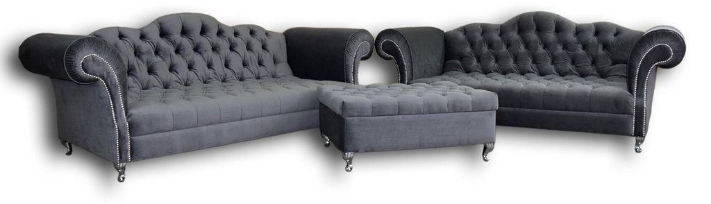 Chesterfield Designer Sofagarnitur 4+3 Hocker Couch Textil Sitz Polster Garnitur