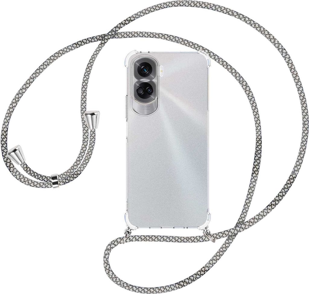 Handykette Backcover-Schutzhülle mit Band (Metall silberfarben) für Honor 90 Lite 5G (6.7'') - weiß/grau kariert