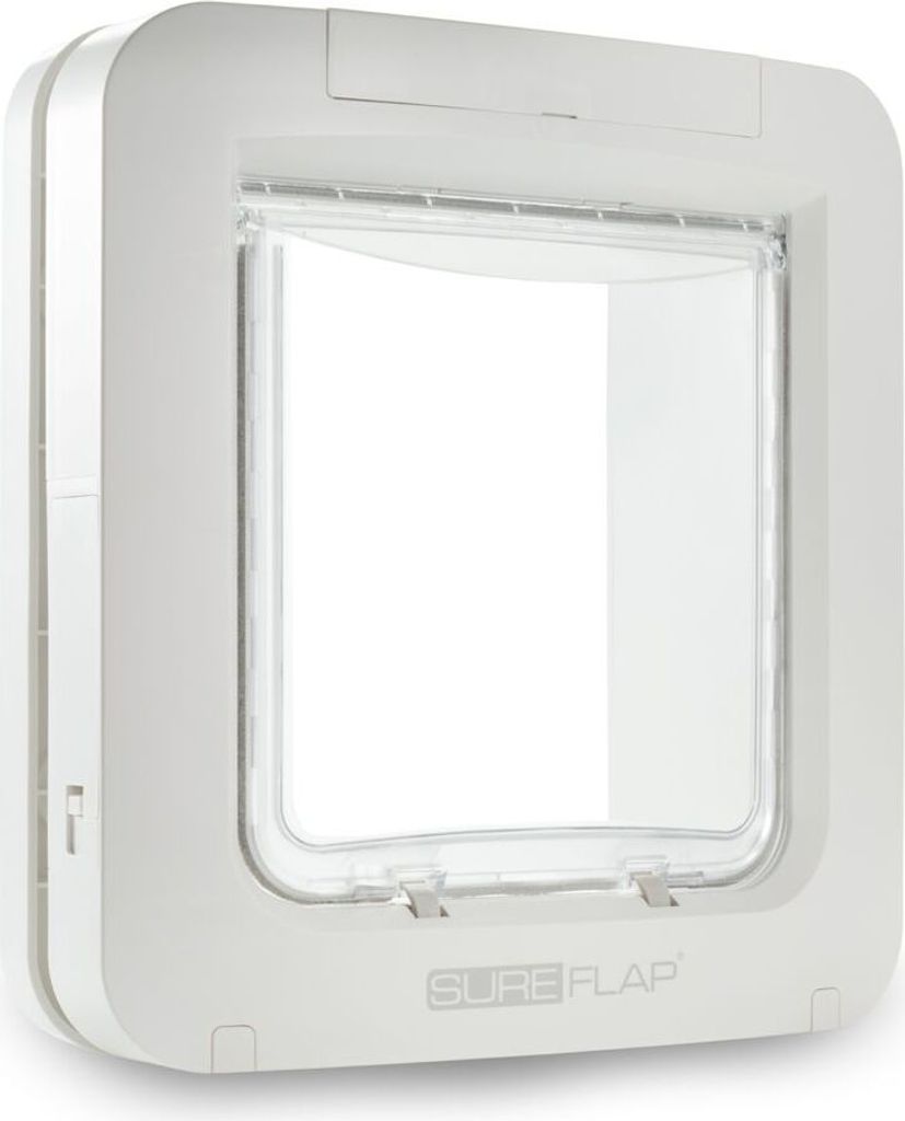 A white pet door with a clear flap is shown against a white background.