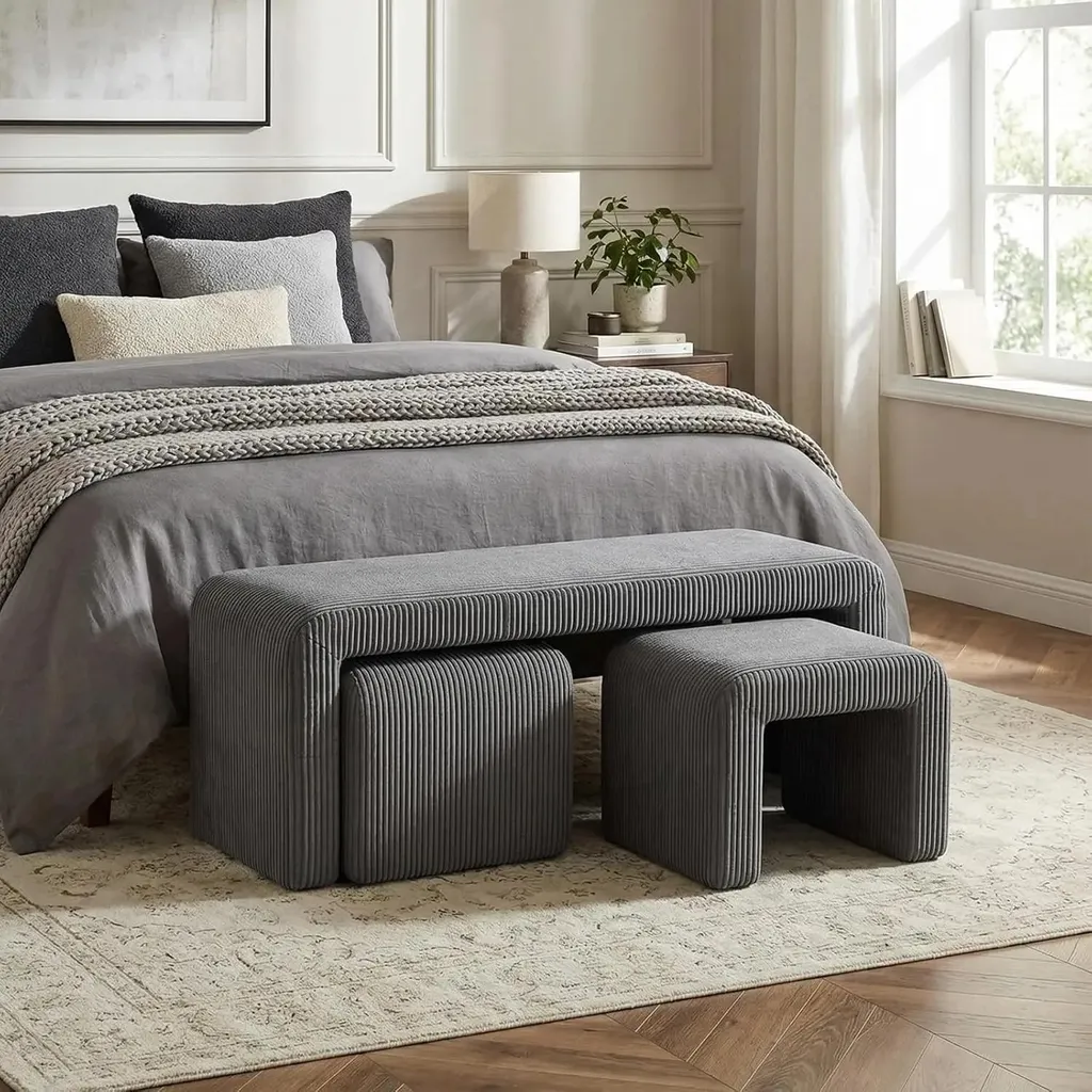 Banc de lit 103 cm avec 2 tabourets gris - Ensemble chambre et couloir
