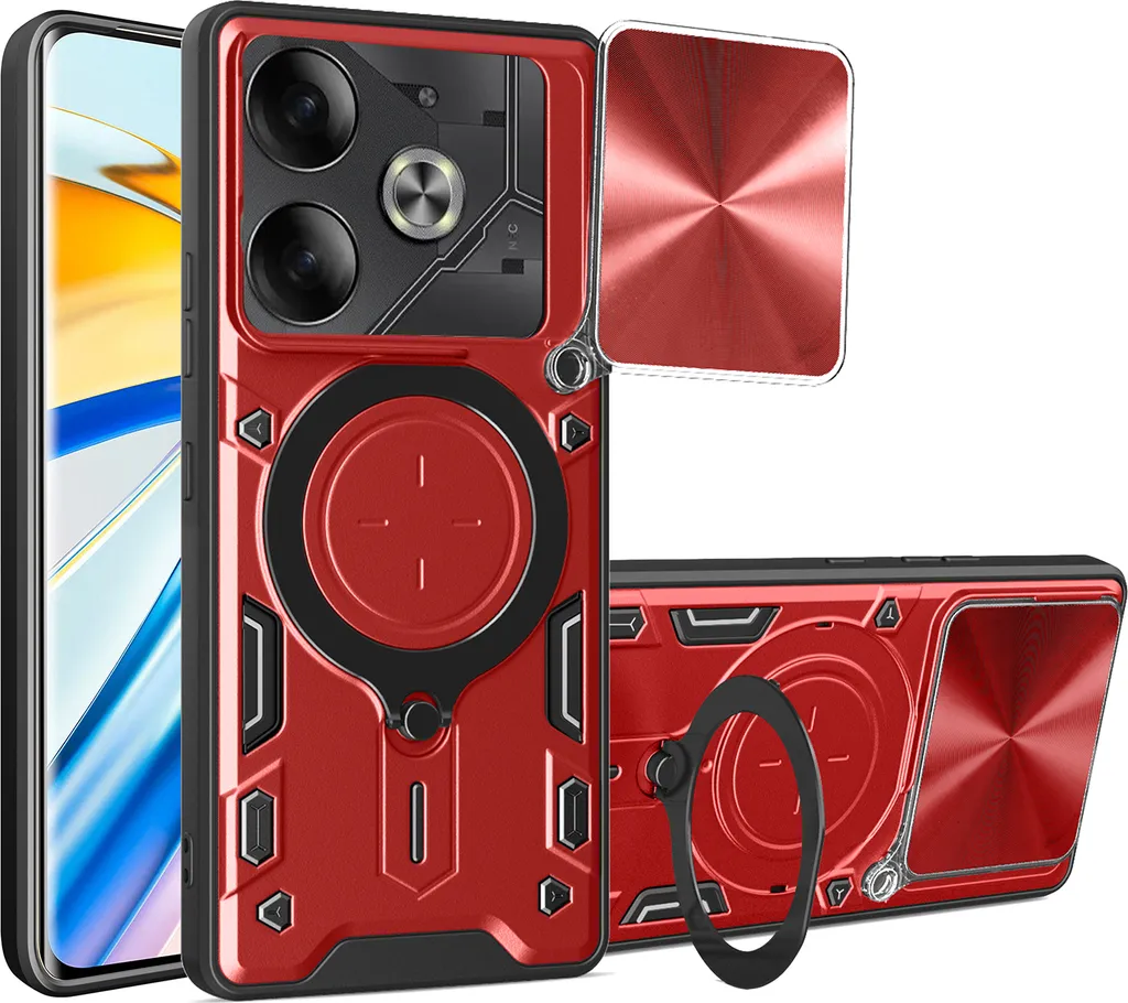 Custodia per Tecno Pova 6 4G Custodia resistente a doppio strato con copertura della fotocamera e supporto ad anello Rosso