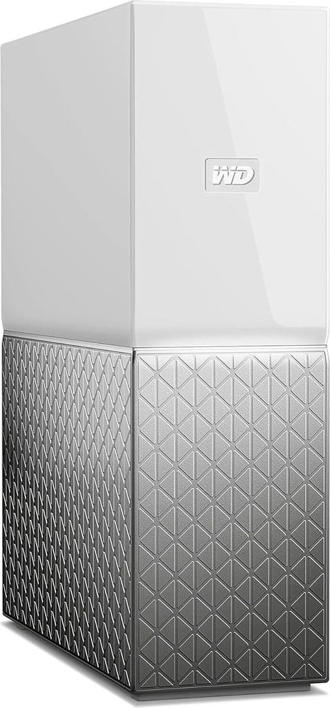 A white and silver external hard drive is shown against a white background.