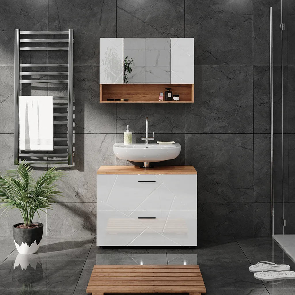 Ensemble Vicco Irma Blanc Brillant Chêne Doré : Meuble 80cm Design Moderne