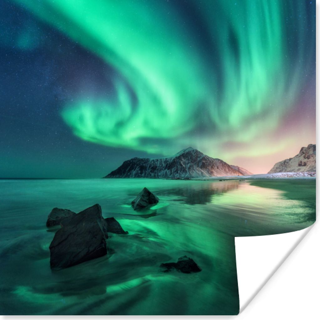 MuchoWow Poster Nordlichter - Nacht - Reflexion - Norwegen 75x75 cm - Wand Dekoration