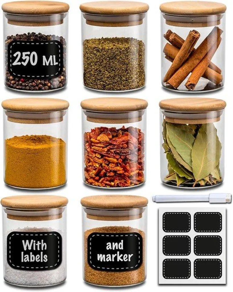 Rangement épices cuisine : lot de 8 pots en verre pour organisation