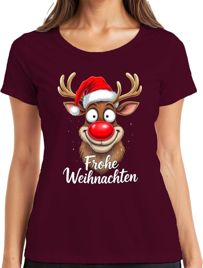Frohe Weihnachten Lustiges Rentier Rudolf Weihnachtsmütze Cartoon Damen T-Shirt, Burgundy, XXL