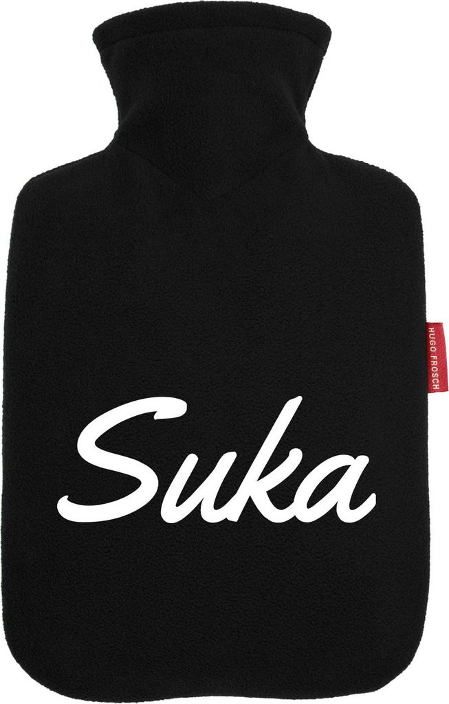 Huuraa Wärmflasche Suka russisch Schriftzug 1,8 Liter Black Classic Veloursbezug Bettflasche Geschenkidee