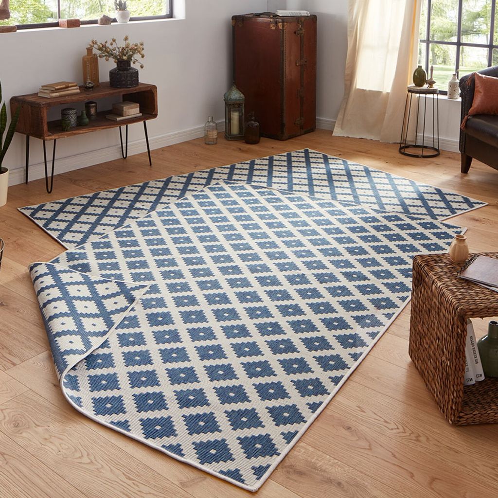 Wendeteppich Nizza Blau Creme In- & Outdoor, Größe:80x350 cm