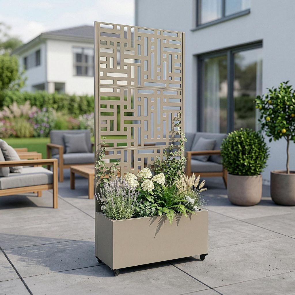 Trennwand ‘Bernalda’ mit Blumenkasten Rollen Stahl 190 x 82 x 38 cm Knoblauchbeige