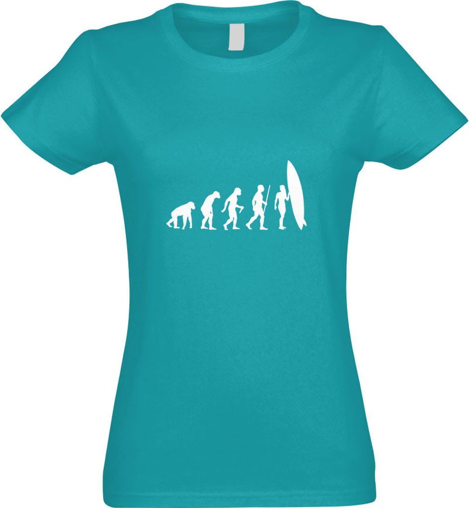 Kiwistar - T-Shirt tailliert - Damen - türkis - Surfen Wellen Evolution II - mit Motiv Bedruckt - Funshirt Design - Sport - Freizeit - Damen - L