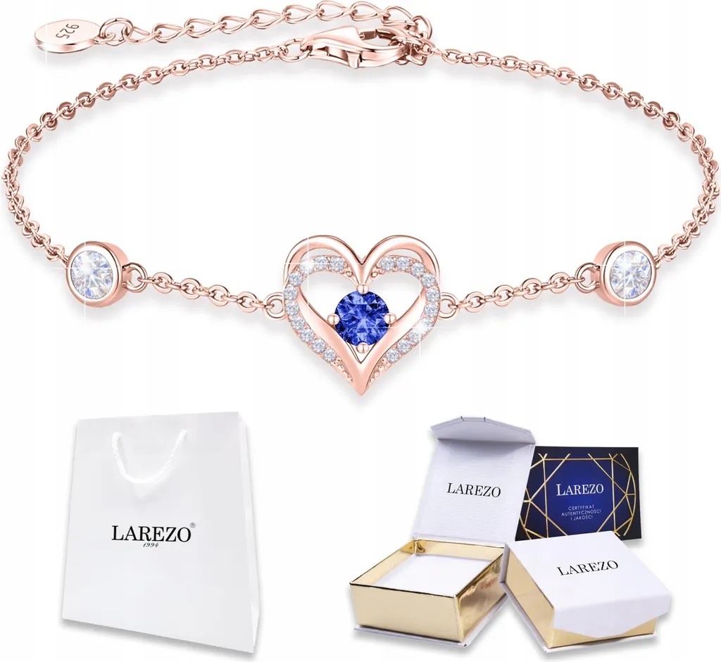 Bracciale Donna Argento Sterling 925 Con Doppio Cuore E Zircone Blu - Regolabile - Regalo Per Fidanzata