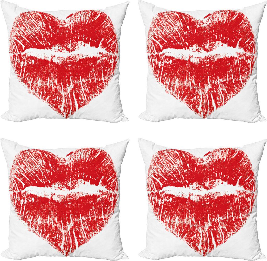 ABAKUHAUS Kuss Kissenbezug Set (4 Stück), Heart Shaped Lippenstift Mark, Moderner Doppelseitiger Digitaldruck, 50 cm x 50 cm, rot-Weiss