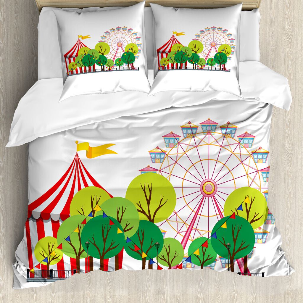 ABAKUHAUS Zirkus Bettbezug, Zirkus-Karnevals-Szene, Milbensicher Allergiker geeignet mit Kissenbezügen, 200 cm x 200 cm - 80 x 80 cm, Mehrfarbig