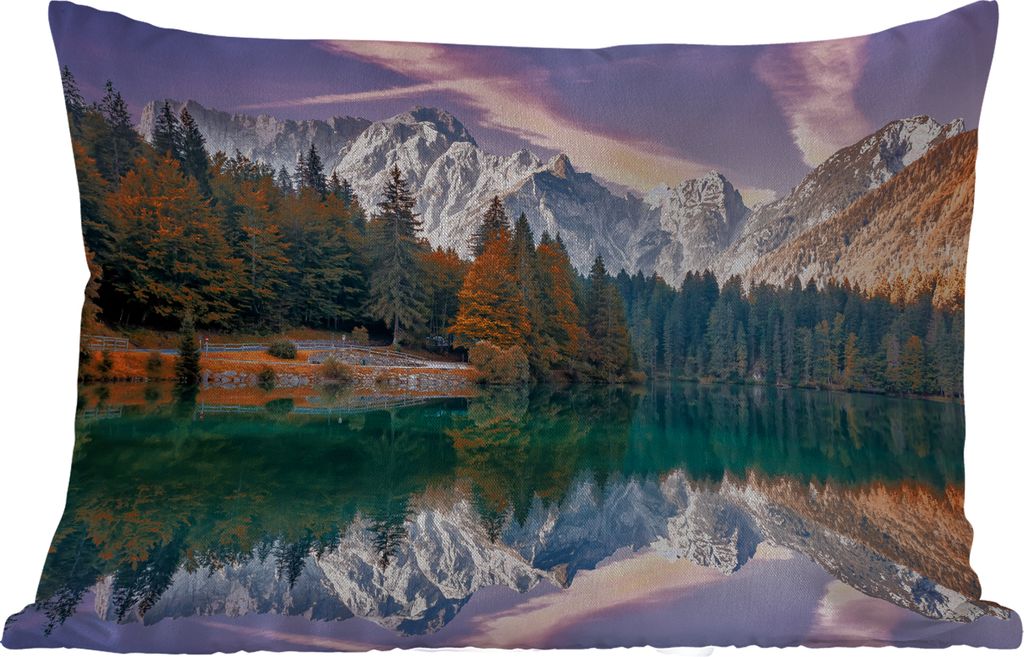 MuchoWow Outdoor Kissen - Berg - Wald - Wasser - Himmel - Rosa - Lila - 50x30 cm - Wetterfest - Lounge Kissen - Sofa kissen - Wohnzimmer Dekoration