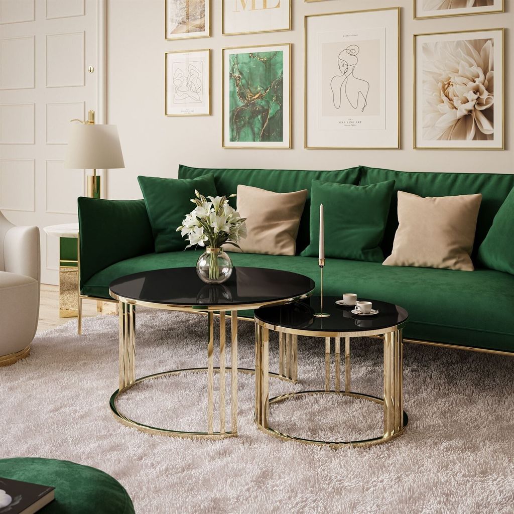 Runder Couchtisch 2in1 LORI GLASS goldener Chrom