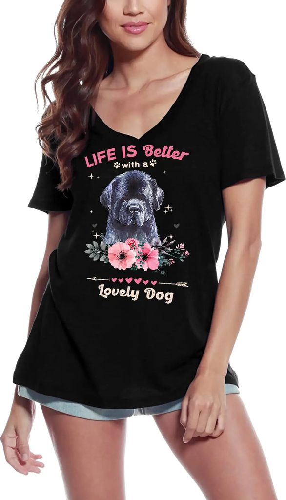 Damen Grafik T-Shirt V-Ausschnitt Das Leben eines Neufundländers ist besser mit einem lieben Hund – Newfoundland Life Is Better With A Lovely Dog