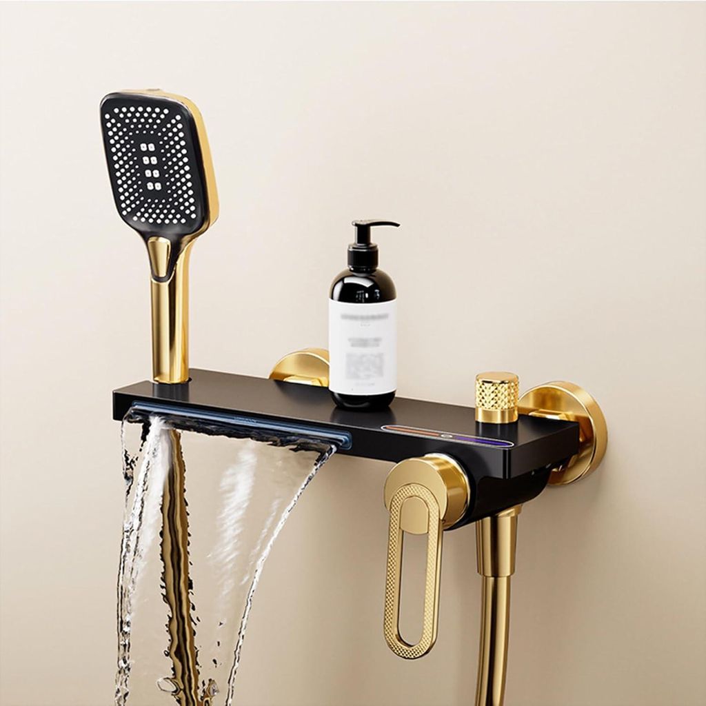 Wandmontierte Wasserfall-Duscharmatur mit Warm und Kaltwassermischer (Schwarz + Gold)