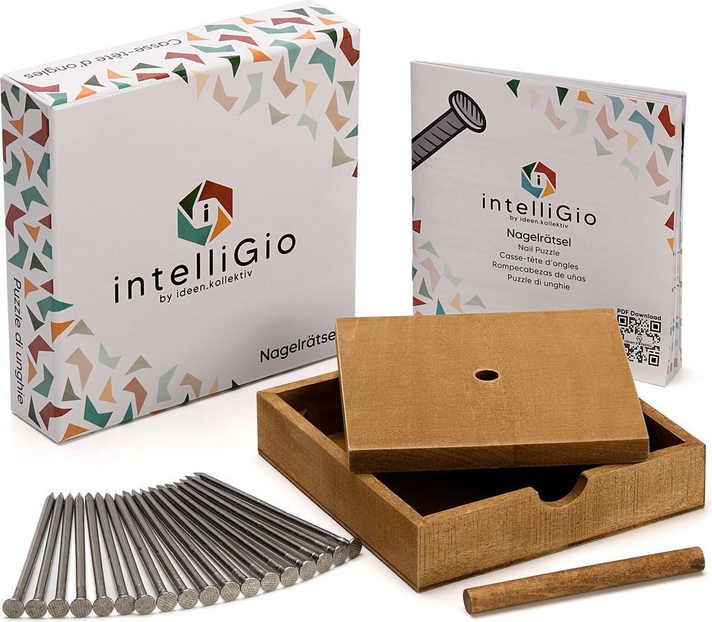 intelliGio Nagelrätsel by ideen.kollektiv – Knobelspiel aus Holz, Geschicklichkeitsspiel, fördert logisches Denken, Konzentration & Geduld