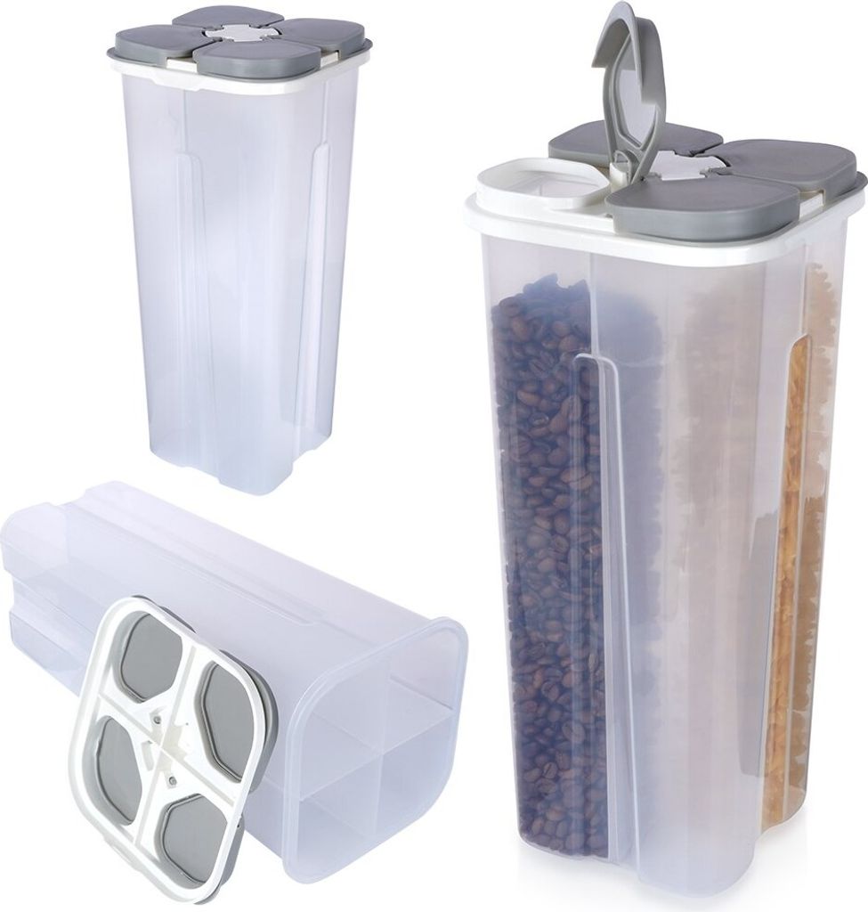 A collage of images showing a multi-compartment food storage container.