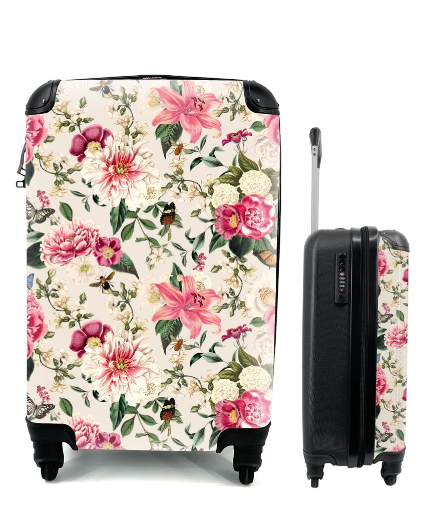 MuchoWow Koffer Handgepäck Trolley Rollkoffer Kleine Reisekoffer mit 4 Rollen - Blumen - Insekten - Rosa - Cabin Size < 55x40x23 cm & 55x40x20 c...