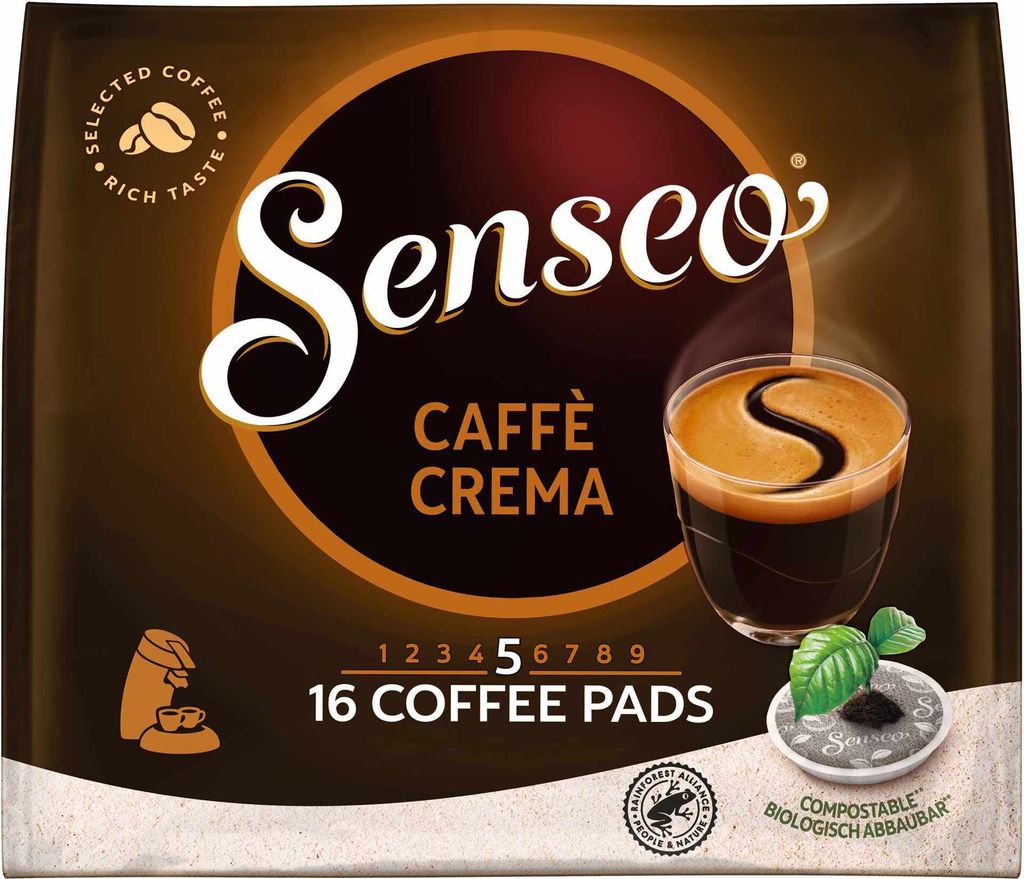 A package of Senseo Caffé Crema coffee pads.