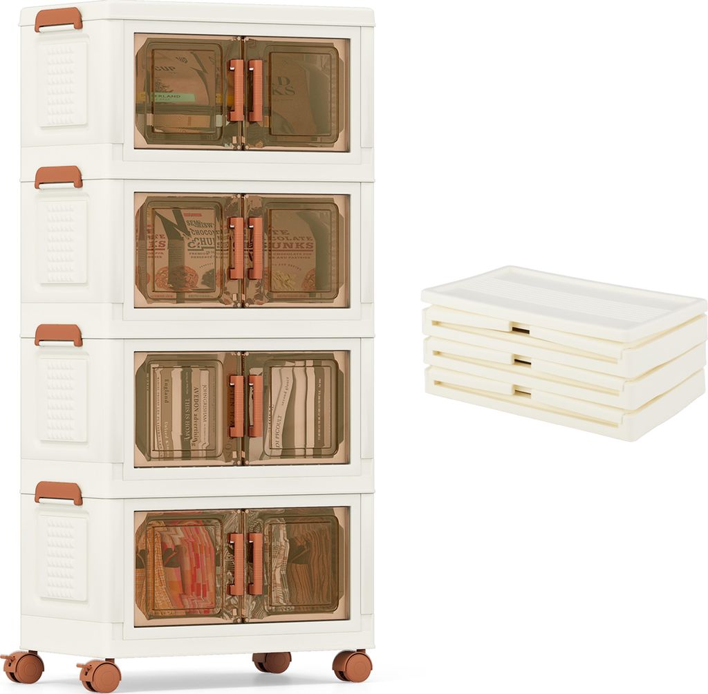 KOMFOTTEU Aufbewahrungsbox, faltbar, 2 feststellbare Rollen, Aufbewahrungsturm aus Kunststoff, Traglast 5/10 kg pro Box, Aufbewahrungsbox aus Kunst...