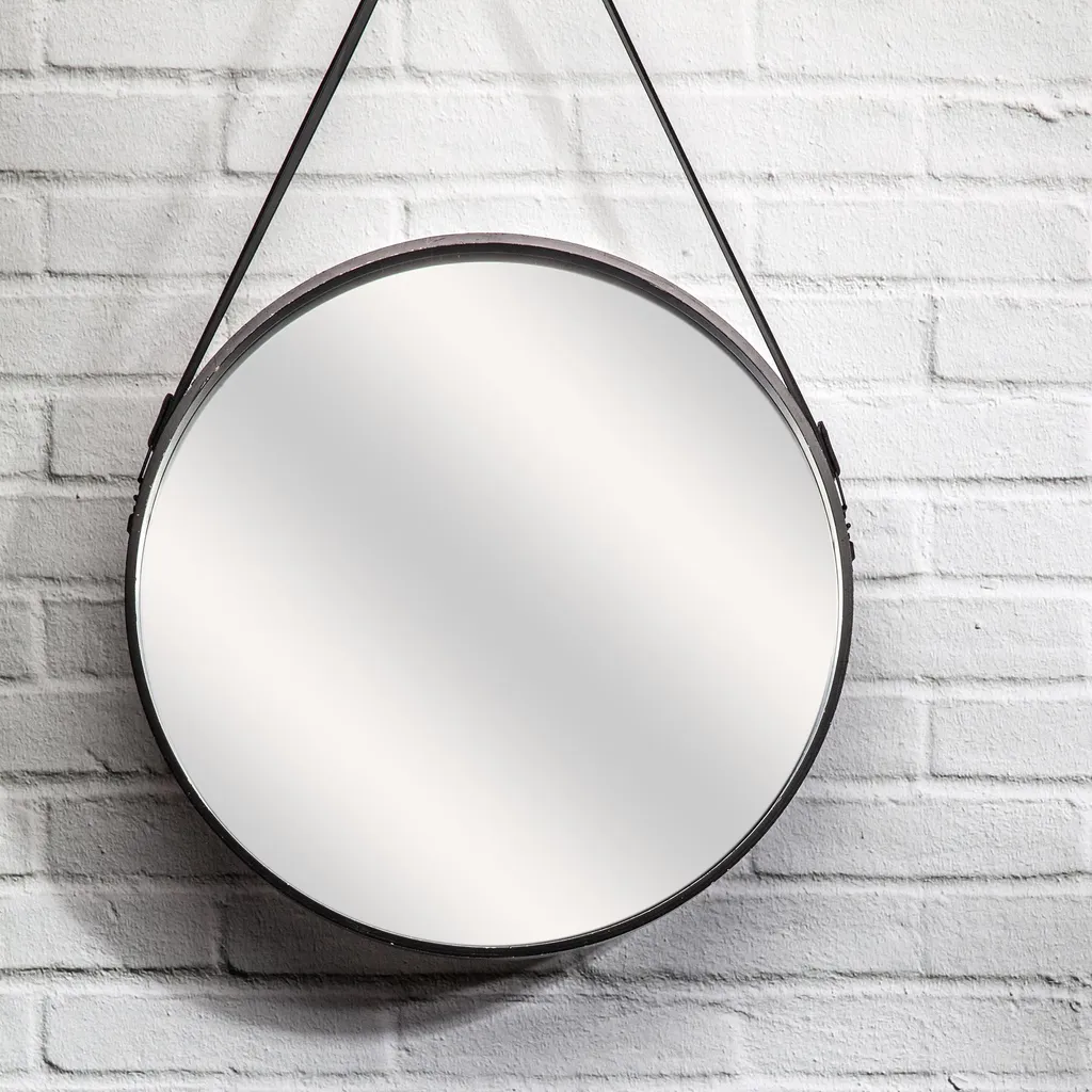 Miroir rond pour entrée ou salle de bain 50cm avec anse noire suspendue