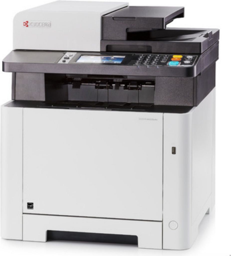 A white Kyocera laser printer is shown against a white background.