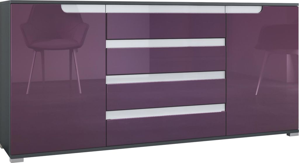 Vladon Sideboard Sylt V2, Kommode mit 2 Türen und 4 Schubladen, Korpus - Anthrazit matt / Front - Brombeer Hochglanz / Absetzung - Weiß Hochglanz...