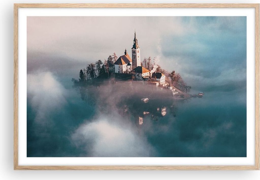 Gerahmtes Poster - Rahmen in heller Eiche - Alpen Bled Kirche - 91,5x61 cm - Wand Bild - Wanddeko - Wandbilder - Wandposter - Bilderrahmen - Bilder...
