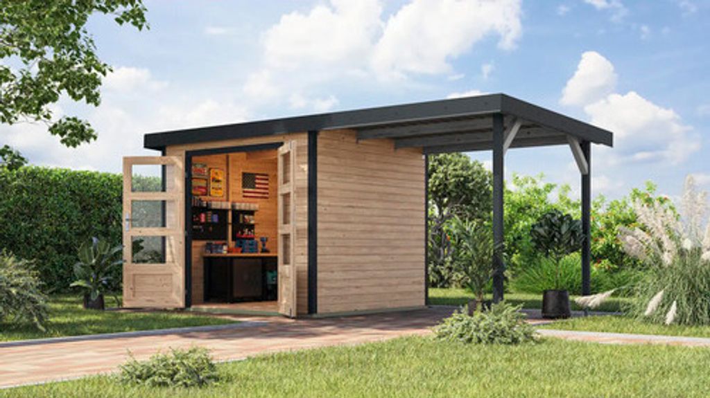 Gartenhaus Karibu Metalwood 3A Blech anthrazit inkl. Anbaudach 2,35 m 486,5 x 236,5 cm natur