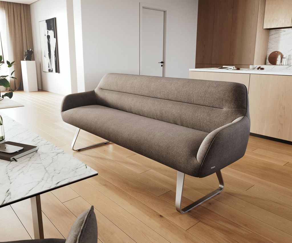 DELIFE Esszimmerbank Taya-Flex 200 cm Strukturstoff Soft Taupe Kufengestell flach Edelstahl Taschenfederkern