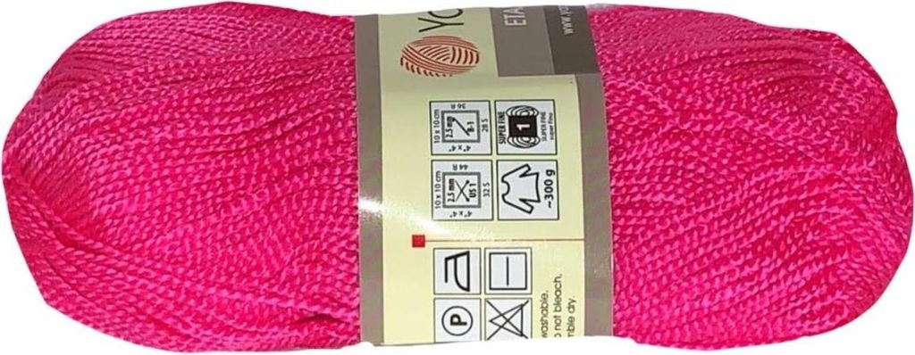 A ball of bright pink yarn on a white background.