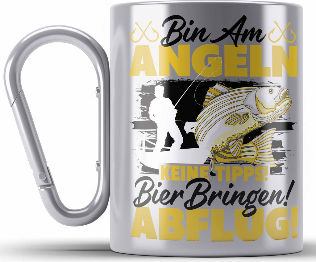 Trendation - Angler Edelstahl Tasse Karabiner Geschenkidee für Fischer mit Spruch Witzig Für Männer Geschenk Becher (Silber)