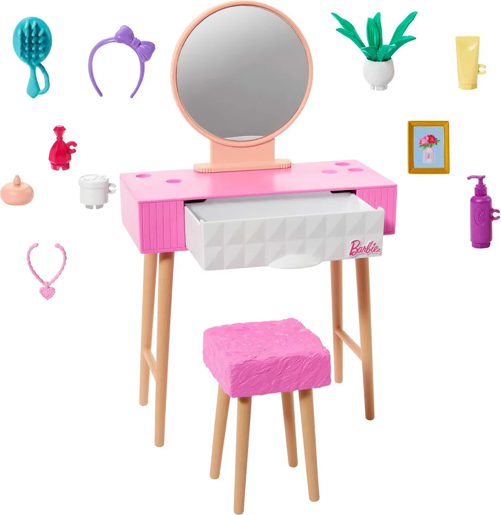 Set Coiffeuse Barbie Mattel HJV32 avec Miroir et 15 Accessoires de Mode