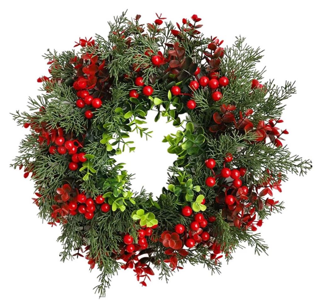 Weihnachtskränze für die Haustür, künstlicher Tannenkranz mit Schleife und roten Beeren für die Weihnachtsdekoration an der Hauswand, am Kamin...