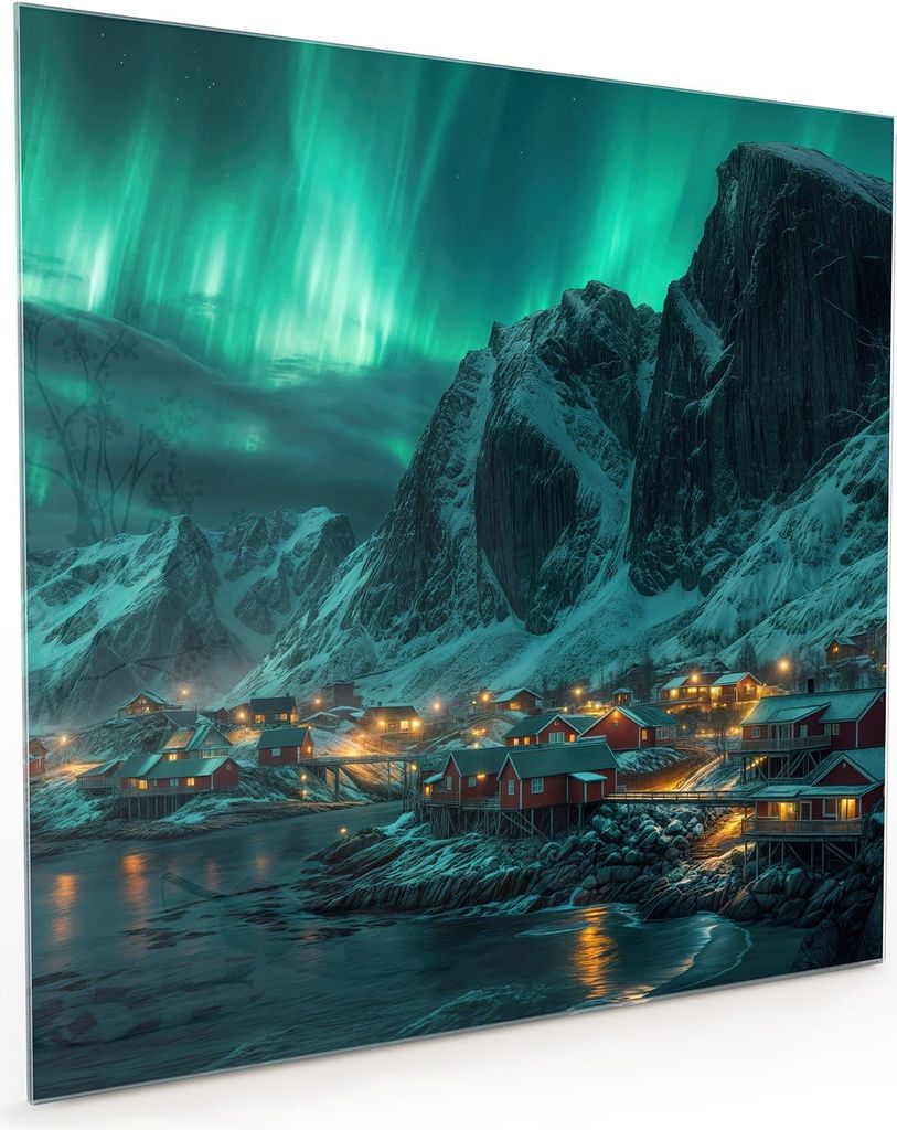 Küchenrückwand Spritzschutz Glas mit Motiv Nordlichter über Fjord 40 x 40 cm