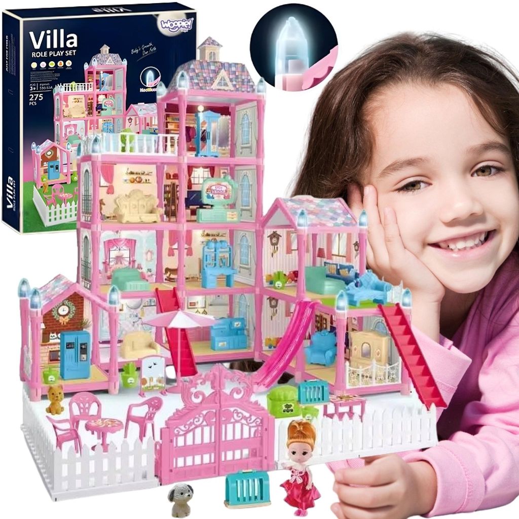 Woopie Puppenhaus-Villa mit Zubehör und beleuchteter Puppe, 275 Stück.