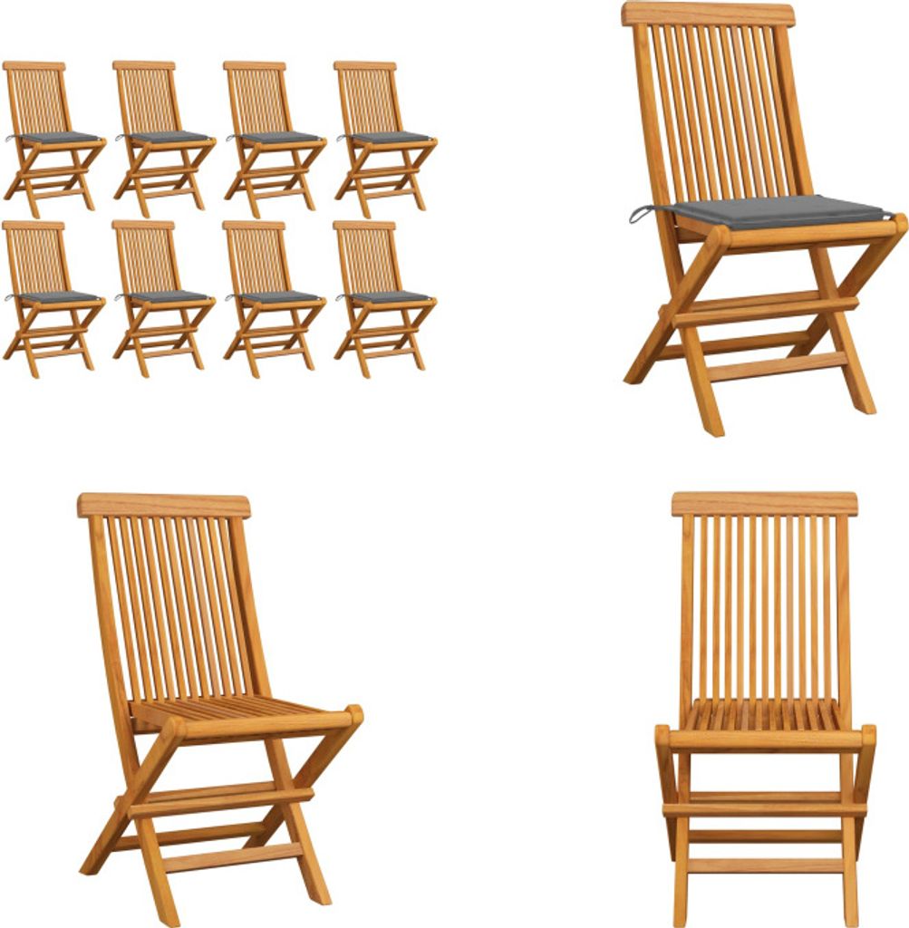 vidaXL Gartenstühle mit Grauen Kissen 8 Stk. Massivholz Teak - Gartenstuhl - Gartenstühle - Holz-Gartenstuhl - Holz-Gartenstühle