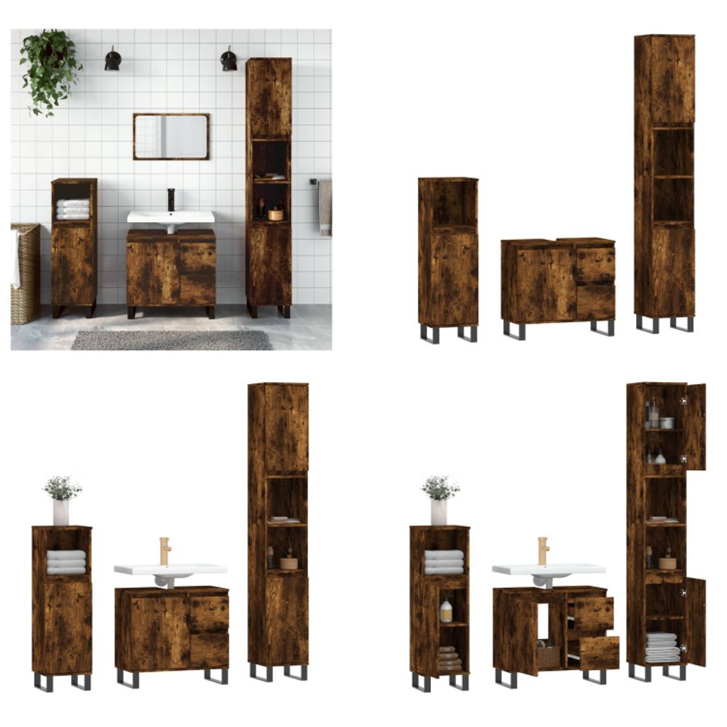 vidaXL 3 tlg. Badmöbel Set Räuchereiche Holzwerkstoff - Badmöbel Set - Badmöbel Sets - Badezimmerschrank - Badezimmermöbel