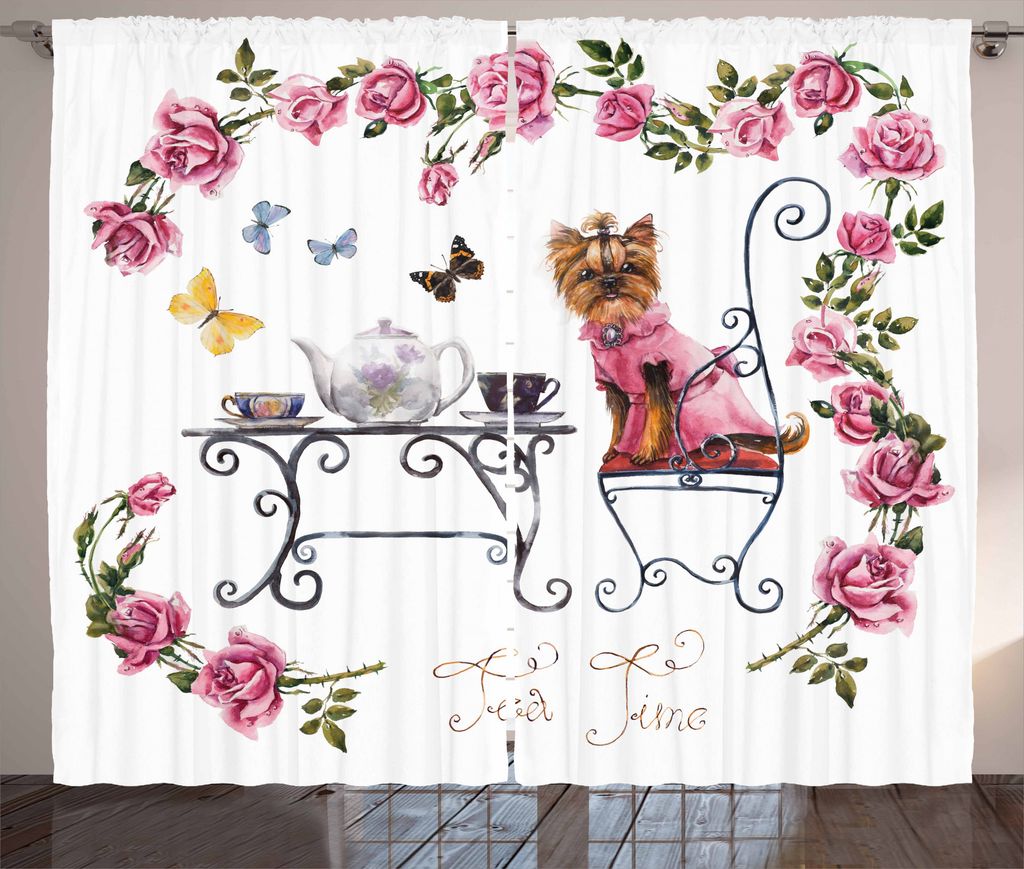 ABAKUHAUS Yorkie Rustikaler Gardine, Terrier im rosafarbenen Kleid, Schlafzimmer Kräuselband Vorhang mit Schlaufen und Haken, 280 x 175 cm, Pale P...