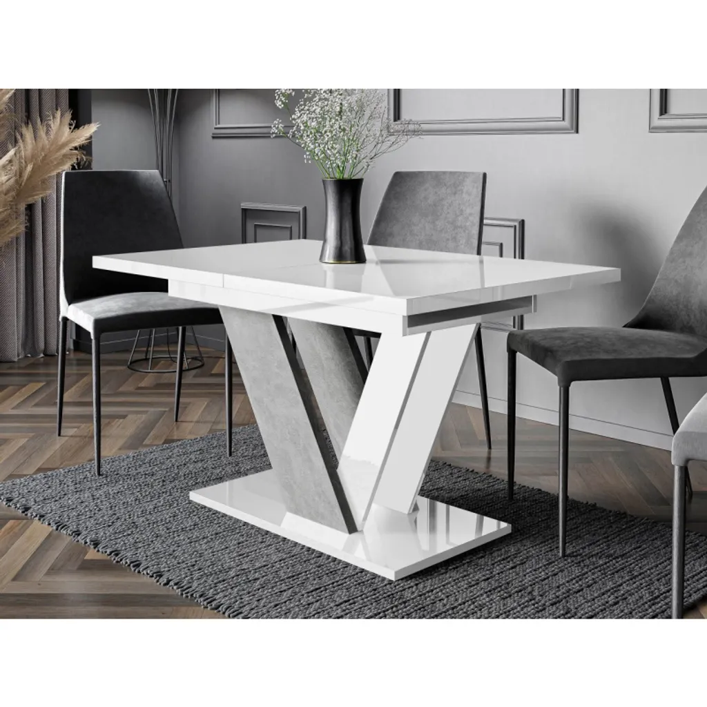 Table extensible PETRONEL laquée blanc et gris avec rallonge intégrée