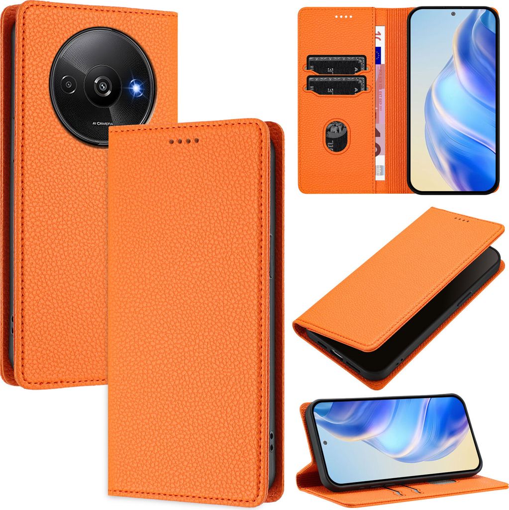 Litchi Leder Handyhülle für Xiaomi Redmi A3/A3X/Poco C61 Wallet Kartenfächer Standfunktion Hülle Orange