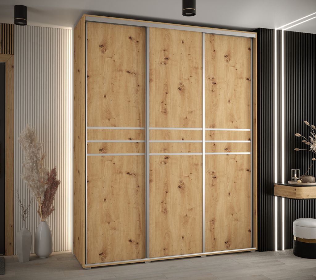 Kleiderschrank YVONA 10 - 200/45 cm, Eiche handgefertigt / Silber