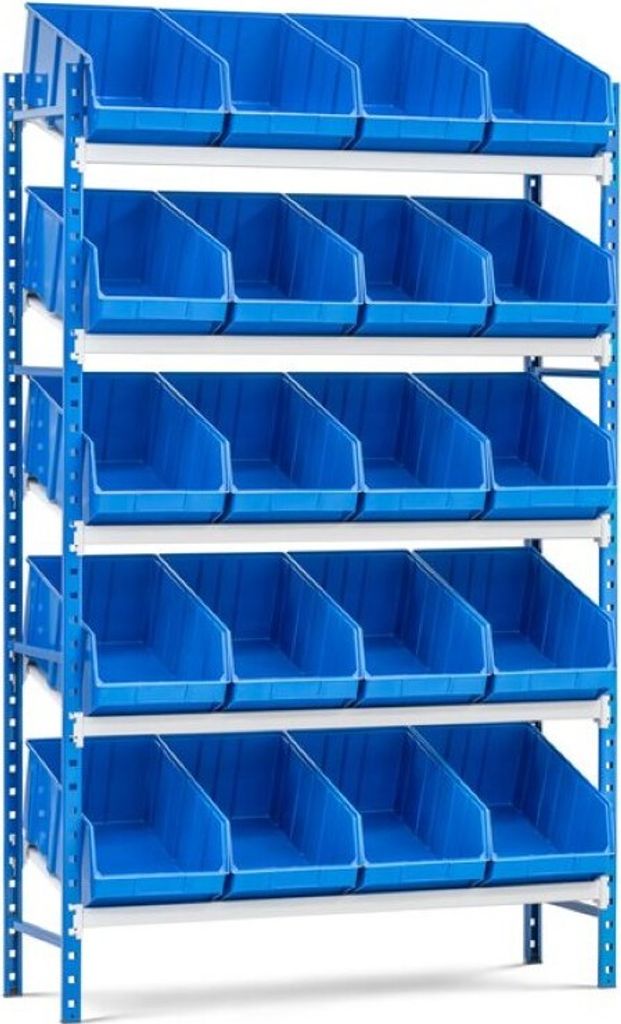 Schrägbodenregal MAXIMUS mit 20x Sichtlagerboxen à 15,3L | Fachlast 130kg | Grundregal | HxBxT 200x100x40cm | 5 Ebenen | Lichtblau/Lichtgrau